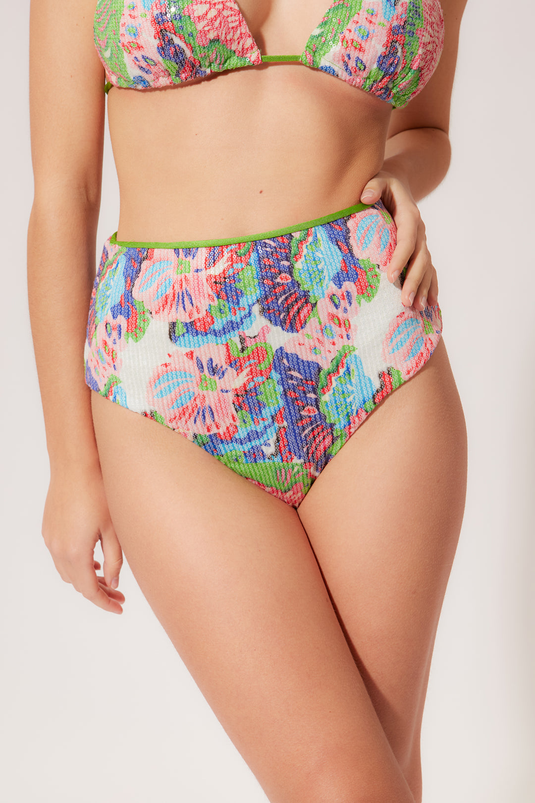 Bikini bottom slip vita alta paillettes fiori petitluxe